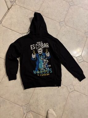 Pablo Escobar Black Studded Hooded Sweatshirt Glittery Front & Back Print